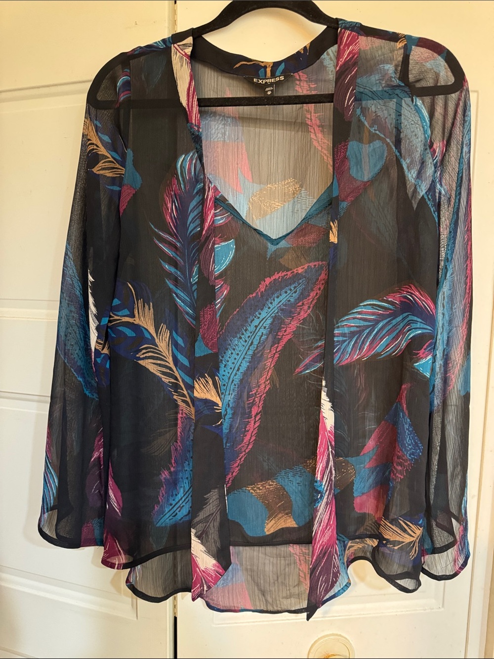Express Sheer Black Swim Cover-Up with Blue, Pink and Gold Feather Print